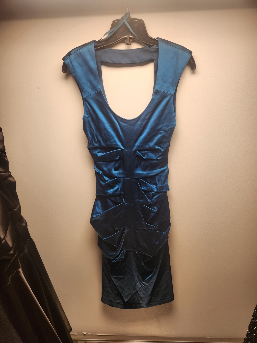 Blue Ruched Scoop-Back Evening Dress